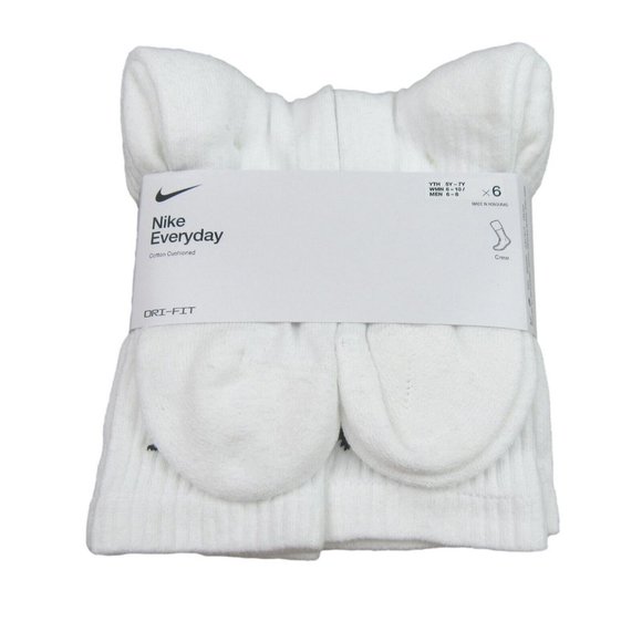 Nike Everyday Cushion Crew Socks White 6 Pack Women's 6-10 / Youth 5Y-7Y NEW - Picture 1 of 8